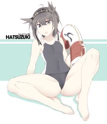 Rule 34 | 1girl, ahoge, anchor symbol, arm support, bad id, bad twitter id, bare arms, bare legs, bare shoulders, barefoot, black hairband, breasts, bright pupils, cameltoe, character name, clothes writing, collarbone, competition swimsuit, covered navel, eyebrows, eyes visible through hair, facing away, full body, green eyes, grey hair, hair between eyes, hairband, hatsuzuki (kancolle), holding, kantai collection, legs apart, lifebuoy, looking away, multicolored background, one-piece swimsuit, open mouth, shigino sohuzi, short hair, silhouette, small breasts, solo, spread legs, swim ring, swimsuit, text focus, two-tone background, white pupils