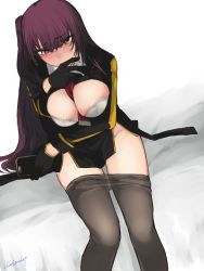 Rule 34 | 1girl, arm across waist, between breasts, black pantyhose, black skirt, blazer, blush, bra, breasts, cellphone, cleavage, clothes pull, covering own mouth, from above, girls&#039; frontline, gloves, hair ribbon, half updo, high-waist skirt, highres, holding, holding phone, jacket, kojima (blue stardust), large breasts, lingerie, long hair, looking at viewer, necktie, necktie between breasts, one side up, open clothes, open shirt, pantyhose, pantyhose pull, phone, purple hair, red eyes, red necktie, ribbon, shirt, signature, sitting, skirt, smartphone, solo, underwear, very long hair, wa2000 (girls&#039; frontline), white bra