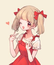 Rule 34 | 1girl, 382, ;d, blonde hair, blush, bow, collarbone, commentary request, double v, double w, dress, frilled sleeves, frills, hair bow, heart, looking at viewer, one eye closed, open mouth, original, red bow, red dress, red eyes, shirt, short sleeves, short twintails, simple background, sleeveless, sleeveless dress, smile, solo, teeth, twintails, upper body, upper teeth only, v, w, white shirt, yellow background