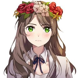 Rule 34 | 1girl, bad id, bad pixiv id, blue neckwear, blush, brown hair, cherim, closed mouth, collarbone, detached collar, female focus, flower, green eyes, grey jacket, head wreath, jacket, long hair, looking at viewer, lowres, mole, mole under eye, open clothes, open jacket, original, portrait, red flower, rose, simple background, solo, white background, white flower