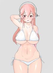 Rule 34 | 1girl, :p, arm behind head, arm up, armpits, bad id, bad pixiv id, bikini, blush, breasts, cleavage, headphones, highres, large breasts, long hair, looking at viewer, moebell, navel, nitroplus, pink eyes, pink hair, smile, solo, super sonico, swimsuit, tongue, tongue out, white bikini