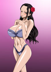 Rule 34 | 1girl, areola slip, bare shoulders, black hair, blush, bra, breasts, collarbone, earrings, female focus, flower, highres, jewelry, large breasts, legs, long hair, looking at viewer, navel, nel-zel formula, one piece, panties, rose, simple background, solo, standing, strapless, strapless bra, thighs, underwear, viola (one piece)