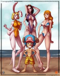 Rule 34 | 1boy, 3girls, age difference, bikini, black hair, blonde hair, breasts, carrot (one piece), child, cleavage, extra arms, hana hana no mi, highres, horny graphite, large breasts, long hair, multiple girls, nami (one piece), nico robin, one piece, orange hair, smile, swimsuit, tony tony chopper