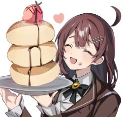 Rule 34 | 1girl, :d, ^ ^, ahoge, black bow, black bowtie, bow, bowtie, brown hair, brown jacket, chocolate syrup, closed eyes, collared shirt, food, food on face, hair ornament, hairclip, happy, heart, highres, hod (project moon), holding, holding plate, ice cream, jacket, library of ruina, medium hair, mu46016419, open mouth, pancake, pancake stack, plate, project moon, shirt, simple background, smile, solo, souffle pancake, upper body, white background, white shirt