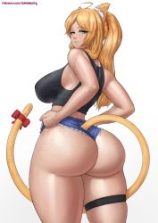 Rule 34 | 1girl, animal ears, ass, bare shoulders, black tank top, blonde hair, blue eyes, blush, breasts, cat ears, cat tail, cowboy shot, denim, denim shorts, freckles, freckles on ass, from behind, grey background, highres, huge ass, large breasts, long hair, looking at viewer, looking back, original, parted bangs, ponytail, shiny skin, short shorts, shorts, simple background, skindentation, smile, solo, standing, superbusty, tail, tank top, thighlet