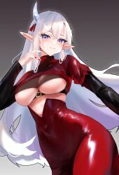 Rule 34 | 1girl, absurdres, black sleeves, bodysuit, breasts, closed mouth, clothing cutout, covered navel, gradient background, grey background, grey hair, hair ribbon, halo sweety, highres, horns, indie virtual youtuber, large breasts, long hair, long sleeves, looking at viewer, me o wy, mole, mole under eye, pointy ears, purple eyes, red bodysuit, red nails, red ribbon, ribbon, single horn, smile, solo, underboob, underboob cutout, virtual youtuber
