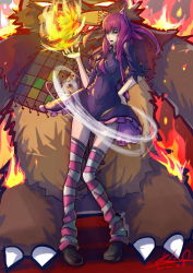 Rule 34 | 1girl, aged up, animal ears, annie (league of legends), boots, cat ears, deathklovc, dress, fake animal ears, female focus, fire, highres, league of legends, long hair, open mouth, red hair, short dress, striped clothes, striped thighhighs, thighhighs, tibbers, zettai ryouiki