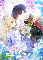 Rule 34 | 1boy, 1girl, artist name, black hair, blonde hair, bouquet, copyright request, cover, cover page, dated, dress, eye contact, flower, gloves, green eyes, hair flower, hair ornament, holding hands, highres, holding, holding bouquet, long hair, long sleeves, looking at another, novel cover, official art, red eyes, sparkle, standing, sukja, uniform, watermark, white background, white gloves