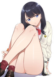 Rule 34 | 10s, 1girl, ass, bad id, bad pixiv id, black hair, black skirt, blue eyes, breasts, gridman universe, highres, hip focus, legs, long hair, looking at viewer, parted lips, red ribbon, ribbon, school uniform, scrunchie, simple background, sitting, skirt, small breasts, solo, ssss.gridman, sweater, takarada rikka, thick thighs, thighs, tomohiro kai, white background, white sweater, wide hips, wrist scrunchie