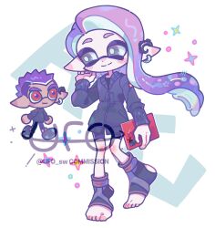 Rule 34 | 1boy, 1girl, bike shorts, black jacket, chibi, chibi inset, closed mouth, commentary request, commission, dot nose, earrings, grey eyes, highres, inkling, inkling boy, inkling girl, inkling player character, jacket, jewelry, korean commentary, long hair, nintendo, pointy ears, purple hair, red eyes, short hair, simple background, smile, sparkle, spiked hair, splatoon (series), splatoon 3, tentacle hair, toeless footwear, ufo sw, watermark, white background