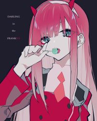 Rule 34 | 10s, 1girl, black background, blue eyes, candy, copyright name, darling in the franxx, eyes visible through hair, eyeshadow, fangs, fingernails, food, hairband, hand up, highres, horns, jacket, lollipop, long hair, long sleeves, looking at viewer, makeup, mochizuki kei, necktie, open mouth, pink hair, red jacket, solo, zero two (darling in the franxx)