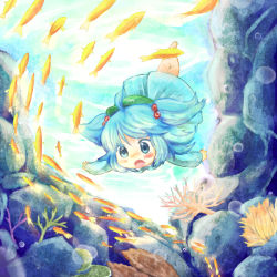Rule 34 | 1girl, barefoot, blue dress, blue eyes, blue hair, coral, diving, dress, female focus, fish, freediving, hair bobbles, hair ornament, hat, kappa, kawashiro nitori, matching hair/eyes, open mouth, solo, touhou, twintails, two side up, underwater, water, yuya (night lily)