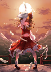 Rule 34 | 1girl, arm up, armpits, ascot, bow, brown eyes, brown footwear, brown hair, closed mouth, cloud, detached sleeves, frilled shirt collar, frilled skirt, frills, full body, gohei, hair between eyes, hair bow, hakurei reimu, japanese clothes, large bow, long hair, looking at viewer, midriff, miko, mountain, navel, online neet, outdoors, prayer tag, red bow, red shirt, red skirt, ribbon-trimmed skirt, ribbon-trimmed sleeves, ribbon trim, shirt, shoes, skirt, sleeveless, sleeveless shirt, socks, solo, stomach, sun, sunset, touhou, white sleeves, white socks, wide sleeves, yellow ascot