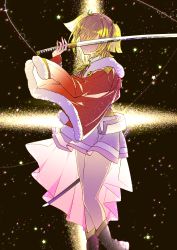Rule 34 | 10s, 1girl, absurdres, adachi imaru, aiguillette, blonde hair, boots, chromatic aberration, commentary request, covering own eyes, daiba nana, dual wielding, fur trim, highres, holding, holding sword, holding weapon, jacket, jacket on shoulders, light particles, pleated skirt, shaded face, shoujo kageki revue starlight, skirt, solo, star (symbol), sword, two side up, waist cape, weapon