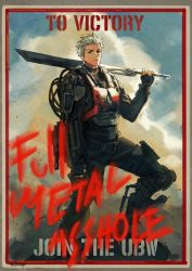 Rule 34 | 1boy, alternate universe, archer (fate), armor, black gloves, black legwear, cloud, cloudy sky, dark-skinned male, dark skin, english text, fate/stay night, fate (series), g0ringo, gloves, graffiti, highres, holding, holding sword, holding weapon, looking at viewer, male focus, mechanical parts, poster (medium), sky, sword, weapon, white hair