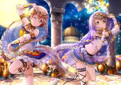 Rule 34 | 10s, 2girls, :o, ankle lace-up, anklet, arabian clothes, artist request, bare shoulders, barefoot, breasts, brown hair, choker, cross-laced footwear, dancer, earrings, feet, flower, harem outfit, hoshizora rin, jewelry, long hair, looking at viewer, love live!, love live! school idol festival, love live! school idol project, middle eastern architecture, midriff, minami kotori, moon, multiple girls, nail polish, navel, necklace, night, night sky, official art, orange hair, petals, rose, see-through, short hair, sky, small breasts, smile, star (sky), star (symbol), starry sky, toenail polish, toenails, yellow eyes, yellow nails