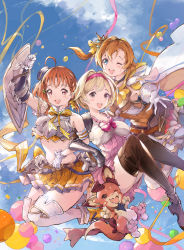 Rule 34 | 3girls, absurdres, ahoge, animal, armor, blonde hair, blue eyes, blue sky, blush, boots, brown eyes, cape, day, djeeta (granblue fantasy), gauntlets, gloves, granblue fantasy, hair ornament, hairband, hat, highres, in-franchise crossover, kosaka honoka, looking at viewer, love live!, love live! school idol project, love live! sunshine!!, midriff, mini hat, multiple girls, one eye closed, one side up, open mouth, orange hair, pink hairband, pleated skirt, qianqian, shield, short hair, shoulder armor, skirt, sky, swept bangs, takami chika, thigh boots, thighhighs, trait connection, vyrn (granblue fantasy)