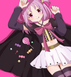 Rule 34 | 1girl, arm warmers, belt, black cape, black shirt, blush, brown belt, candy, cape, closed mouth, criss-cross halter, crop top, detached sleeves, food, halterneck, hand on own head, lollipop, looking at viewer, lying, magia record: mahou shoujo madoka magica gaiden, magical girl, mahou shoujo madoka magica, matcha (sdsk5275), misono karin, navel, on back, parted bangs, pink eyes, pink ribbon, pleated skirt, print skirt, purple hair, purple thighhighs, ribbon, shirt, skirt, smile, solo, star (symbol), star print, striped clothes, striped thighhighs, thighhighs, tongue, tongue out, two side up, unworn headwear, white skirt