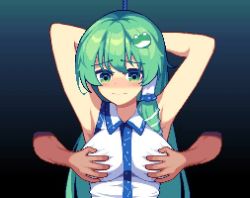 Rule 34 | 1boy, 1girl, animated, armpits, arms behind head, arms up, bdsm, black background, blush, bondage, bound, bound wrists, grabbing another&#039;s breast, breasts, breasts squeezed together, collared shirt, frog, frog hair ornament, furumero, grabbing, gradient background, green eyes, green hair, hair ornament, hair tubes, japanese clothes, kochiya sanae, large breasts, long hair, looking at viewer, nontraditional miko, pixel art, rape, restrained, rope, shirt, sleeveless, sleeveless shirt, snake, snake hair ornament, touhou, upper body, video, white shirt