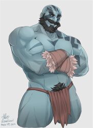 Rule 34 | 1boy, absurdres, bald, bara, beard, biceps, blue skin, colored skin, critical role, cropped legs, crossed arms, dhanisani, dungeons & dragons, dungeons &amp; dragons, facial hair, gift art, grog strongjaw, head tattoo, highres, large pectorals, looking to the side, male focus, male pubic hair, mature male, muscular, muscular male, mustache, navel, navel hair, pectorals, pelvic curtain, pubic hair, scar, scar on arm, seductive smile, shoulder tattoo, smile, solo, stomach, tattoo, the legend of vox machina, thick eyebrows, thick thighs, thighs, topless male