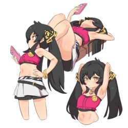 Rule 34 | 1girl, armpits, arms behind head, arms up, basukechi, bike shorts, bike shorts under skirt, black hair, black shorts, black skirt, bracelet, brown eyes, camisole, cellphone, hand on own hip, idolmaster, idolmaster cinderella girls, idolmaster cinderella girls u149, jewelry, knees up, long hair, lying, matoba risa, midriff, multiple views, navel, on back, phone, purple camisole, ribbon, short shorts, shorts, skirt, smartphone, thighs, twintails, white skirt