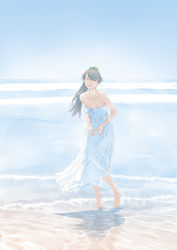 Rule 34 | 1girl, alternate costume, barefoot, beach, black hair, blue sky, breasts, collarbone, day, dress, highres, houshou (kancolle), kantai collection, long hair, outdoors, ponytail, sky, small breasts, solo, strapless, strapless dress, waves, white dress, yuichi (sp sakura yoshi)