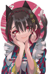 Rule 34 | 1girl, animal ears, apron, black hair, braid, breasts, cat ears, cat girl, cat tail, closed mouth, commentary request, crown braid, eyes visible through hair, fingernails, frilled apron, frills, hair between eyes, hands on own face, hands up, head tilt, highres, japanese clothes, kayanogura, kimono, long fingernails, long sleeves, maid, maid apron, medium breasts, multiple tails, nail polish, original, print kimono, red eyes, red nails, smile, solo, tail, tail raised, two tails, upper body, wa maid, white apron, wide sleeves, yagasuri