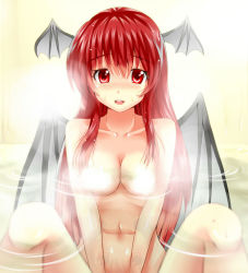 Rule 34 | 1girl, :d, aldehyde, bat wings, bathing, blush, breasts, censored, collarbone, convenient censoring, cropped, female focus, head wings, koakuma, long hair, medium breasts, navel, nude, open mouth, red eyes, red hair, reflection, smile, solo, spread legs, steam, steam censor, sweat, embodiment of scarlet devil, touhou, upper body, v arms, water, wings