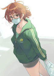 Rule 34 | 1girl, alternate hairstyle, araki hina, bag, brown hair, collarbone, commentary request, dutch angle, folded ponytail, glasses, green jacket, green shirt, green shorts, holding, holding bag, idolmaster, idolmaster cinderella girls, jacket, kawaty, looking at viewer, messy hair, partially unzipped, plastic bag, shirt, shorts, solo, white mask