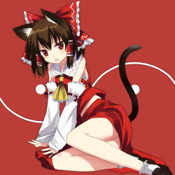 Rule 34 | 1girl, animal ears, arm support, blush, bow, brown hair, cat ears, cat girl, cat tail, detached sleeves, female focus, gotyou, hair bow, hakurei reimu, japanese clothes, kemonomimi mode, large bow, legs, miko, open mouth, ribbon, short hair, simple background, skirt, solo, tail, touhou