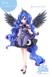 Rule 34 | 1girl, black dress, black gloves, black wings, blue hair, character name, crown, dress, earrings, feathered wings, full body, gloves, green eyes, high heels, horns, jewelry, long hair, looking at viewer, luna (my little pony), my little pony, my little pony: friendship is magic, personification, sakurano ru, shoes, single horn, solo, standing, very long hair, white background, wings