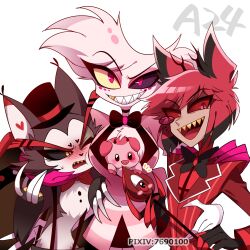 Rule 34 | 3boys, alastor (hazbin hotel), angel dust, animal ears, animal nose, animification, antlers, arm around waist, black bow, black bowtie, black choker, black gloves, black hair, black headwear, black pants, black sclera, black wings, blush, bow, bowtie, cat boy, choker, coat, colored sclera, colored skin, deer antlers, deer boy, deer ears, extra arms, fat nuggets, furry, furry male, gloves, gold teeth, grey skin, grin, group hug, hand on another&#039;s hip, hand on another&#039;s shoulder, hand up, hat, hazbin hotel, highres, holding, holding microphone, horns, hug, husk (hazbin hotel), jacket, long sleeves, male focus, menattou, microphone, mismatched sclera, monocle, monster boy, multicolored hair, multicolored wings, multiple boys, notice lines, open mouth, pants, pig, pink gloves, pink jacket, pixiv id, red-tinted eyewear, red bow, red bowtie, red coat, red eyes, red hair, red sclera, red shirt, red wings, sharp teeth, shirt, simple background, smile, striped clothes, striped coat, striped jacket, sweat, teeth, tinted eyewear, top hat, traditional bowtie, two-tone fur, two-tone hair, two-tone wings, vertical-striped coat, vintage microphone, watermark, white background, white fur, white gloves, wings, yellow eyes, yellow sclera, yellow teeth