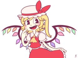Rule 34 | 1girl, ascot, bare arms, black eyes, blonde hair, blush stickers, cartoonized, crystal, cuphead (game), fang, finger to mouth, flandre scarlet, frilled shirt collar, frilled sleeves, frills, hand up, hat, hat ribbon, looking to the side, medium hair, mob cap, open mouth, pac-man eyes, parody, pointy ears, puffy short sleeves, puffy sleeves, red ribbon, red skirt, red vest, retro artstyle, ribbon, short sleeves, side ponytail, simple background, skirt, skirt set, smile, solo, style parody, toon (style), touhou, upper body, vest, white background, wings, yatsunote, yellow ascot