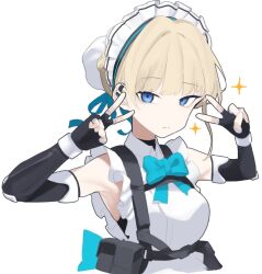 Rule 34 | 1girl, armpits, black gloves, blonde hair, blue archive, blue bow, blue bowtie, blue eyes, blue ribbon, blunt bangs, bow, bowtie, breasts, bun cover, chest harness, closed mouth, double v, dress, earpiece, elbow gloves, expressionless, fataaa, fingerless gloves, frills, gloves, hair bun, hair intakes, halo, harness, large breasts, maid headdress, ribbon, simple background, single hair bun, sleeveless, sleeveless dress, sparkle, toki (blue archive), upper body, v, white background