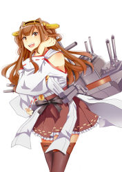 Rule 34 | 10s, 1girl, :d, adjusting hair, bad id, bad pixiv id, bare shoulders, blush, boots, brown eyes, brown hair, cowboy shot, detached sleeves, double bun, hair ornament, hairband, kantai collection, kongou (kancolle), long hair, long sleeves, looking at viewer, open mouth, personification, pleated skirt, ribbon-trimmed sleeves, ribbon trim, skirt, smile, solo, thigh boots, thighhighs, tooko (toko3188), white background, wide sleeves, zettai ryouiki