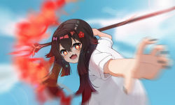 Rule 34 | 1girl, :d, aged down, bent over, black hair, blurry, commentary request, depth of field, figure, flower, genshin impact, hair between eyes, hair flower, hair ornament, highres, holding, holding polearm, holding spear, holding weapon, hu tao (genshin impact), ldd.ek, long hair, looking at viewer, meme, open mouth, oversized clothes, polearm, red eyes, shirt, short sleeves, sidelocks, smile, solo, spear, symbol-shaped pupils, t-shirt, weapon, white shirt