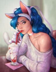Rule 34 | 1girl, absurdres, animal ears, animal hands, blue eyes, blue hair, body fur, cat ears, cat girl, cat tail, choker, claws, dorkartist, drinking, drinking straw, drinking straw in mouth, felicia (vampire), highres, long hair, looking at viewer, milkshake, off-shoulder sweater, off shoulder, red nails, single bare shoulder, sitting, solo, sweater, tail, vampire (game), whipped cream, white fur, white sweater