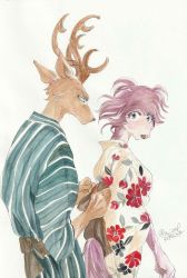 Rule 34 | 1boy, 1girl, absurdres, antlers, beastars, blush, closed mouth, deer boy, dressing another, floral print, furry, furry female, furry male, hands up, highres, horns, japanese clothes, juno (beastars), kimono, long sleeves, looking at viewer, looking away, looking back, looking down, louis (beastars), miizzeee, sash, simple background, slippers, standing, striped clothes, striped kimono, traditional media, tying, upper body, vertical-striped clothes, vertical-striped kimono, yukata