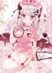 Rule 34 | 1girl, aoi yugina, bandages, belt, blonde hair, blush, breasts, demon girl, demon tail, demon wings, grey hair, hair ornament, hair ribbon, hairclip, heart, highres, holding, holding needle, hose, long hair, looking at viewer, medium breasts, moe2021, needle, nurse, original, pantyhose, pen, red eyes, ribbon, seiza, sitting, solo, stethoscope, tail, thighhighs, two side up, uniform, white hair, wings