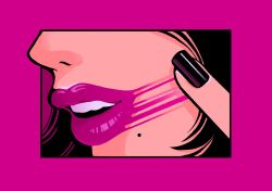 Rule 34 | 1girl, black hair, black nails, border, highres, lipstick, makeup, minillustration, mole, mole under mouth, nail polish, original, outside border, parted lips, purple border, purple lips, smeared lipstick, solo