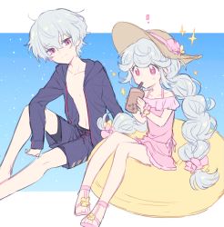 Rule 34 | !, 1boy, 1girl, blue male swimwear, blue swim trunks, brother and sister, bubble tea, casual one-piece swimsuit, cup, disposable cup, drawstring, drink, drinking straw, hat, hood, hoodie, male swimwear, messy hair, mt.somo, one-piece swimsuit, pink one-piece swimsuit, red eyes, sandals, shadowverse, shadowverse (anime), siblings, smile, sun hat, swim trunks, swimsuit, twintails, white hair, yonazuki luca, yonazuki shiori