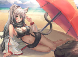 Rule 34 | 1girl, animal ear fluff, animal ears, arknights, arm support, bag, bare legs, bare shoulders, barefoot, beach, beach towel, beach umbrella, black scarf, black shorts, blush, breasts, cat ears, cat tail, cleavage, cloud, commentary, crop top, day, female focus, hair over one eye, hand up, highres, jacket, large breasts, long hair, long sleeves, looking at viewer, md5 mismatch, midriff, navel, off shoulder, open clothes, open jacket, outdoors, photoshop (medium), ponytail, red umbrella, scarf, schwarz (arknights), shadow, short shorts, shorts, silver hair, solo, stomach, tail, thighs, towel, umbrella, uth 95, very long hair, white jacket, yellow eyes