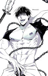 Rule 34 | 1boy, abs, bara, chain, collarbone, commentary, fingernails, fushiguro touji, highres, jujutsu kaisen, large pectorals, male focus, mature male, monochrome, muscular, muscular male, navel, nipples, pectorals, scar, scar on face, scar on mouth, shirt, short hair, solo, sword, tongue, tongue out, tsaosu0607, veins, weapon