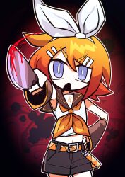 Rule 34 | 1girl, 9chrono0, bare shoulders, belt, black sailor collar, black shorts, black sleeves, blonde hair, blood, bloody knife, blue eyes, bow, bright pupils, detached sleeves, dot nose, fang, hair bow, hair ornament, hairclip, hand on own hip, highres, holding, holding knife, kagamine rin, knife, looking at viewer, navel, neckerchief, open mouth, outline, red background, sailor collar, shirt, short hair, shorts, solo, vignetting, vocaloid, white bow, white outline, white pupils, white shirt, yellow belt, yellow neckerchief