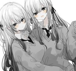 Rule 34 | 2girls, black necktie, blush, clone, closed mouth, dress shirt, fangs, gradient hair, highres, long hair, long sleeves, looking at viewer, mi 398, monochrome, multicolored hair, multiple girls, necktie, open mouth, original, shirt, simple background, spot color, sweater, twintails, white background