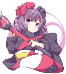 Rule 34 | 1girl, black kimono, blush, calligraphy brush, closed mouth, commentary request, fate/grand order, fate (series), fuuna, hair ornament, holding, holding paintbrush, japanese clothes, katsushika hokusai (fate), kimono, long sleeves, looking at viewer, obi, oversized object, paintbrush, purple eyes, purple hair, sash, smile, solo, upper body, white background