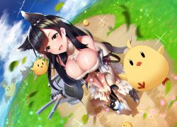 Rule 34 | 1girl, alternate costume, animal ears, atago (azur lane), azur lane, bare shoulders, black hair, blue sky, breasts, cannon, cleavage, commentary request, day, detached collar, dress, full body, grass, kagiyama (clave), large breasts, long hair, looking at viewer, manjuu (azur lane), off-shoulder dress, off shoulder, open mouth, outdoors, path, perspective, road, shiny skin, sky, smile, solo, swept bangs, white dress, yellow eyes