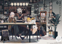 Rule 34 | 3girls, apron, arknights, blonde hair, boots, cafe, cake, casual, chair, coat, coffee, doughnut, drawing (object), feather hair, feathers, food, glass, guitar, highres, horns, ifrit (arknights), instrument, looking at another, looking at viewer, modern architecture, multiple girls, pale skin, pantyhose, picture frame, plant, platinum blonde hair, ptilopsis (arknights), red eyes, saria (arknights), scarf, shelf, sign, snack, table, yellow eyes, youamo
