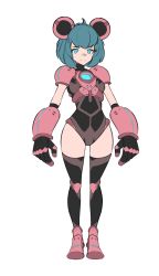 Rule 34 | 1girl, animal ears, antenna hair, aqua hair, armor, bandaid, bandaid on face, bandaid on nose, black gloves, black thighhighs, blue eyes, bright pupils, closed mouth, elbow gloves, gloves, highres, mecha musume, mechanical ears, medium hair, original, pauldrons, shoulder armor, simple background, sketch, smile, solo, thighhighs, turtleneck, vodoke, white background, white pupils