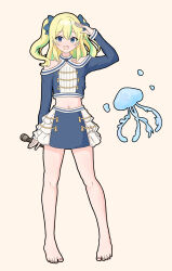 Rule 34 | 1girl, barefoot, blonde hair, blue bow, blue eyes, blue shirt, bow, brown background, clothing cutout, collarbone, commentary, full body, green hair, hair between eyes, hair bow, hand up, highres, holding, holding microphone, idol, idol clothes, jellyfish, long hair, long sleeves, looking at viewer, maissiri, microphone, midriff, multicolored hair, navel, no shoes, open mouth, shirt, shoulder cutout, simple background, solo, streaked hair, thighhighs, two side up, yamanouchi kano, yoru no kurage wa oyogenai, zettai ryouiki